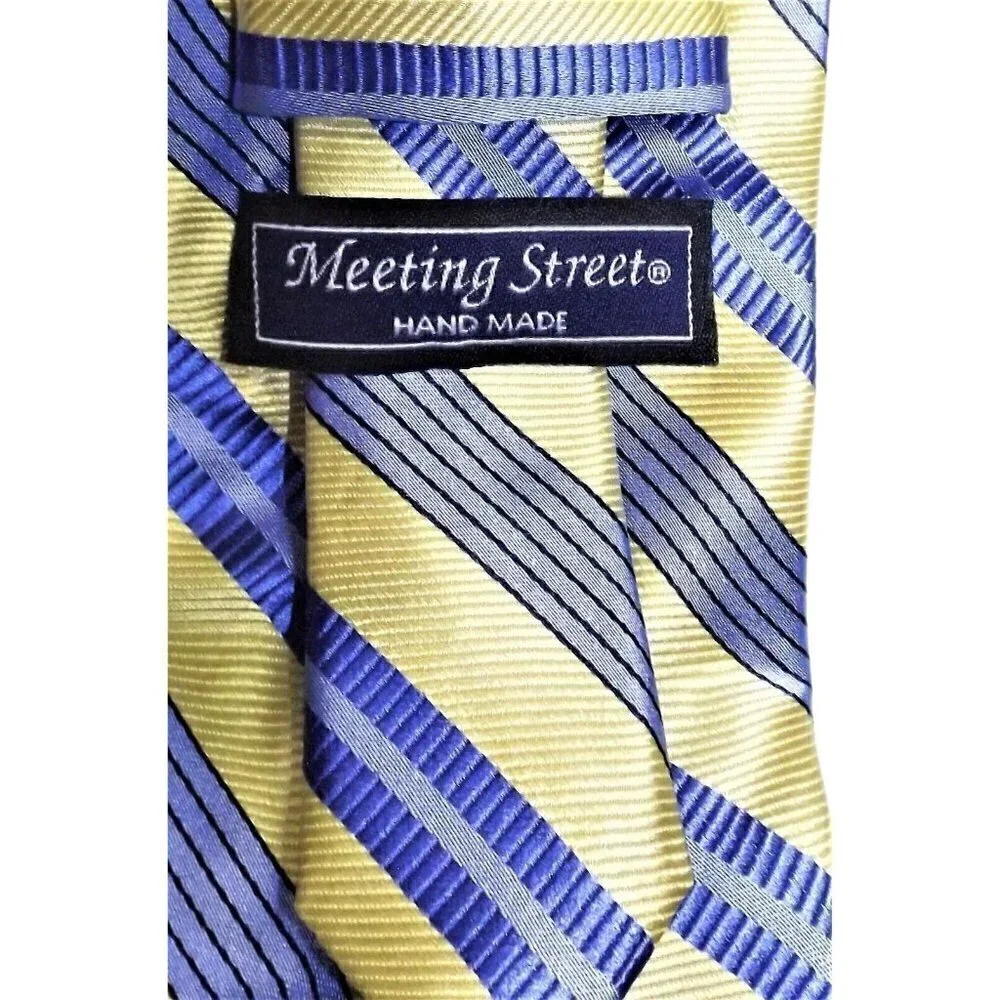 Meeting Street Men's Silk Tie Blue Yellow Striped Handmade 58 inches